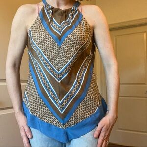 New York & Company Brown and Blue Halter Blouse